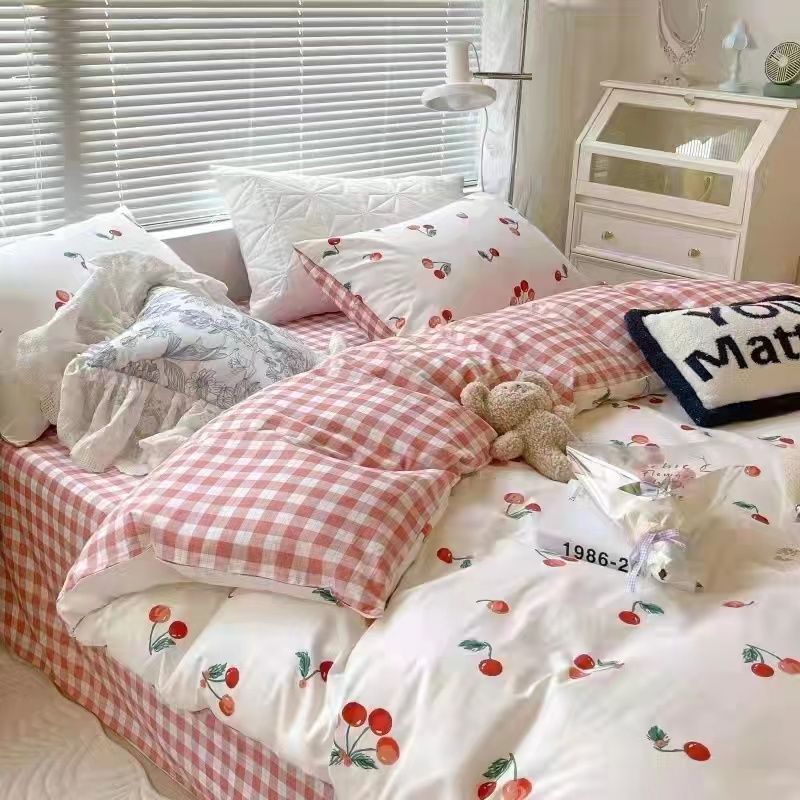 Kawaii Cherry Duvet Cover Set Pillowcase Flat Sheet Floral Boys Girls Twin Full Size Soft Bedding Kit Korean Ins Style Home Use