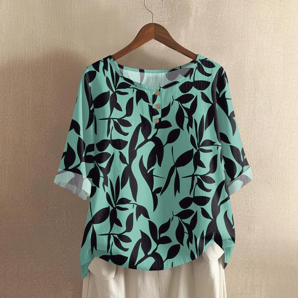 Women's Fashionable And Casual Shirt Half-sleeve Round Neck Print Cotton And Linen Blouse Top