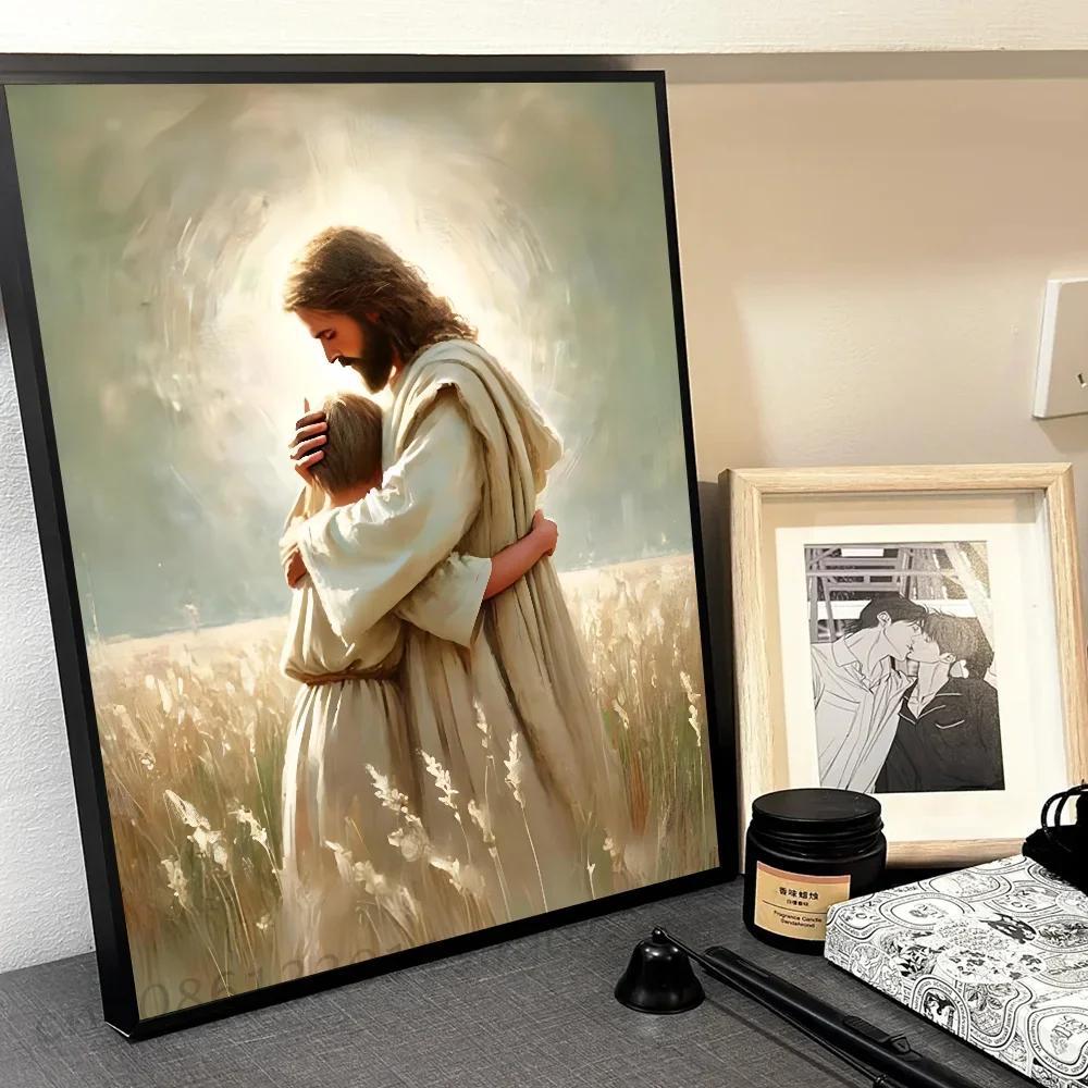 Jezus God Lam Engel Jongen Meisjes Bidden Bijbel Minimalistische Esthetiek Print Canvas Schilderij voor Woonkamer Moderne Woondecoratie