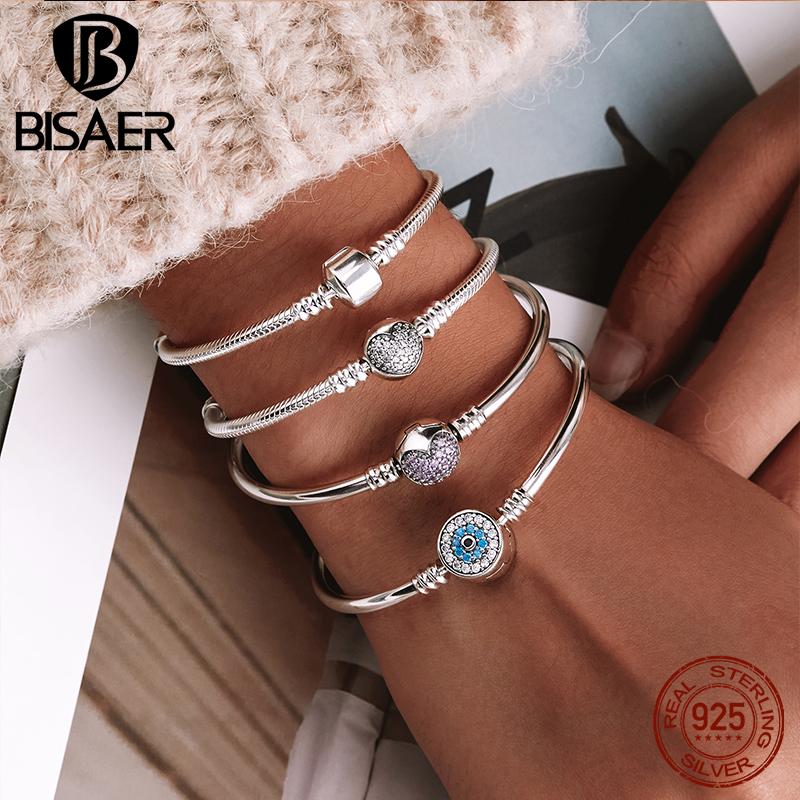 BISAER 925 Silver Demon Eye Bracelets Blue Evil Eyes Bangles Pave Setting Zircon 17-21CM for Women Party Fine Jewelry