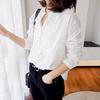 Spring and Summer Ladies's V-neck Long-sleeved Embroidered Three-diMansional Flowers Loose Pullover White Shirt