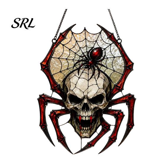 Tiffany Style Stained Glass Effect Halloween Wind Chime Skull Spider Suncatcher, Double Side Printed Acrylic Window Photography Set Decorations