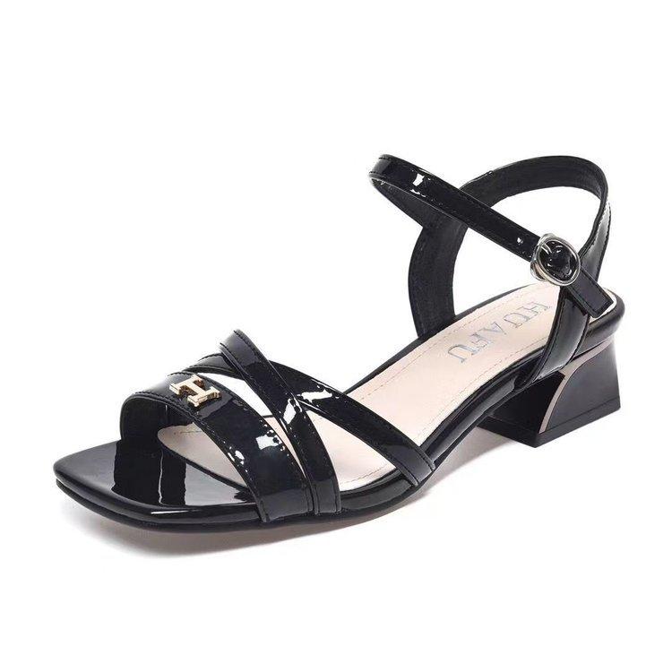2025 new summer leather sandals women's thick heel medium heel patent leather women's shoes summer low heel one-word buckle with flat shoes