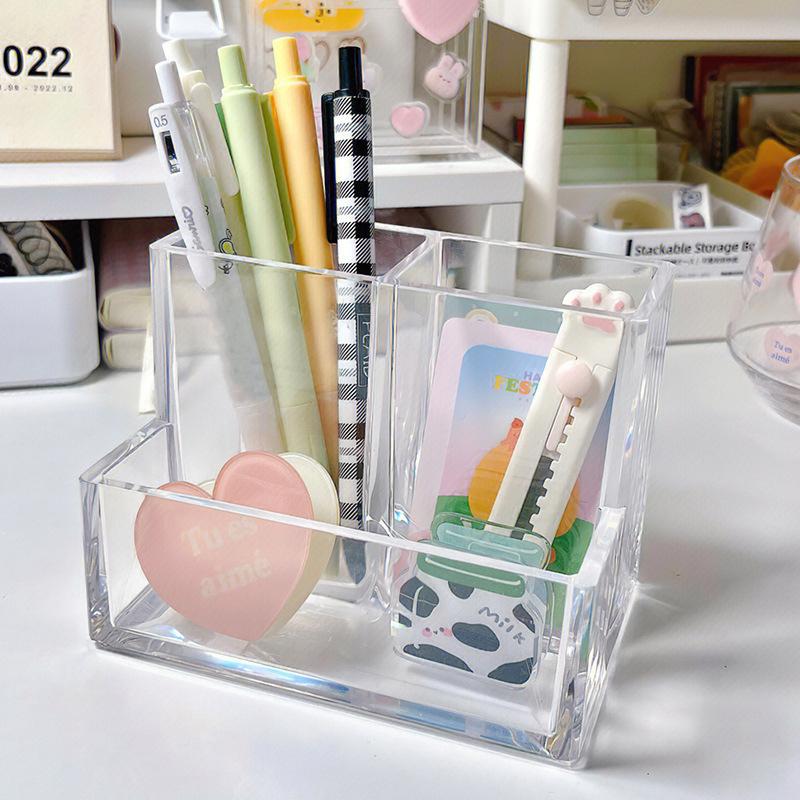 Transparent Three Grids Makeup Box Make Up Brush Bucket Cosmetic Organizer Student Desk Pen Container Storage Box