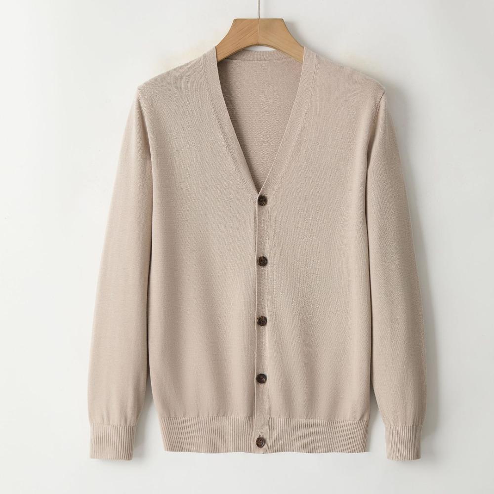 Men 100% Cotton V Neck Knit Cardigan, Slim Fit Long Sleeve Korean Style Casual Sweater Jacket for Autumn Winter