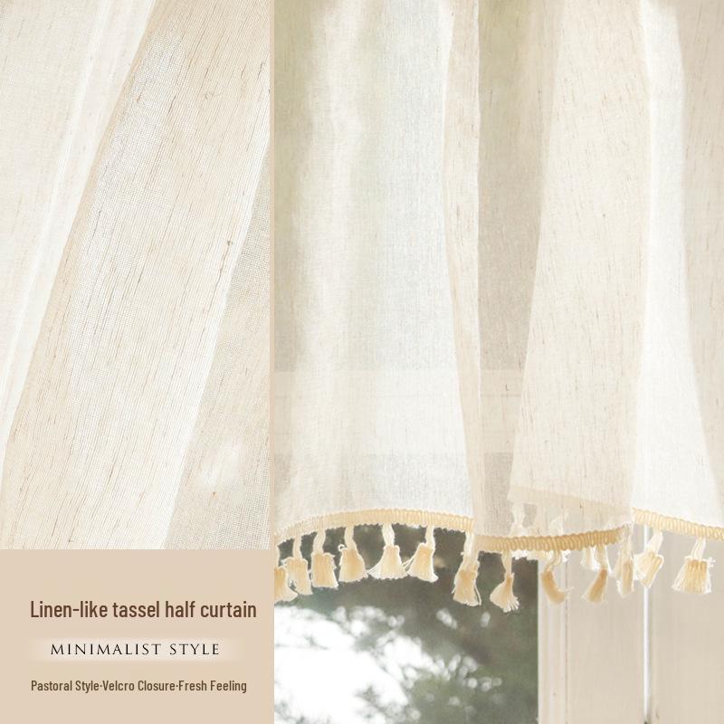 Perdea Voal Dantelă Franceză cu Velcro - Perdea Scurtă cu Textură de In pentru Bucătărie sau Ușă.