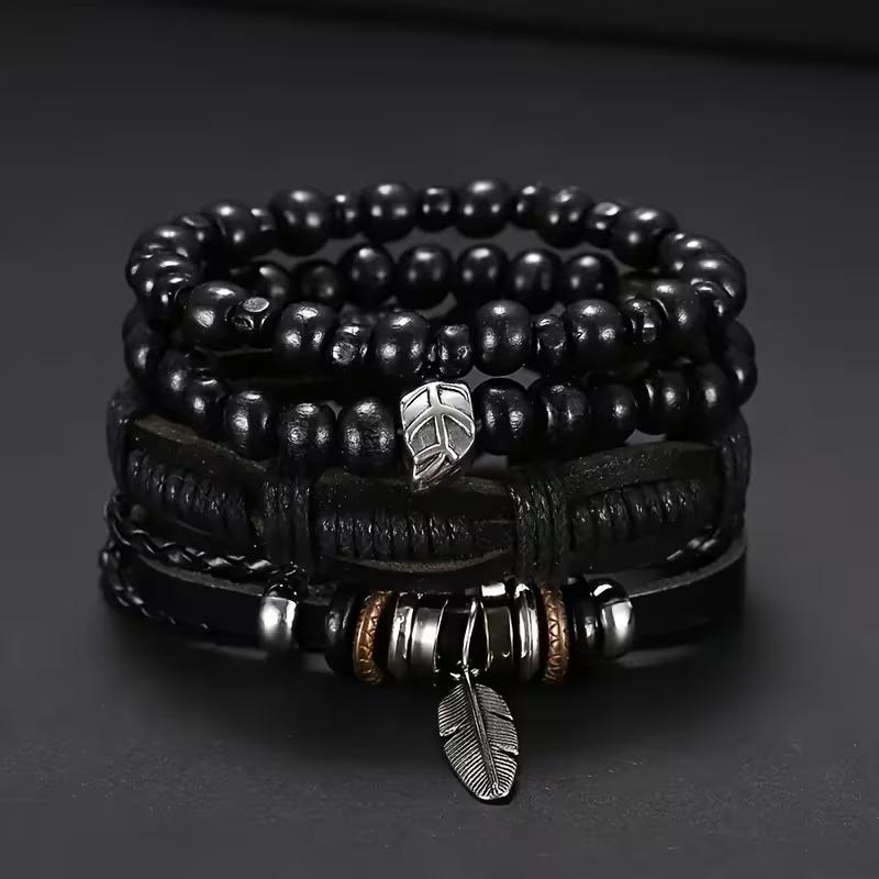 Foreign trade cross-border personality trend rivet hip-hop bracelet wooden bead bracelet set handmade leather woven men's bracelet