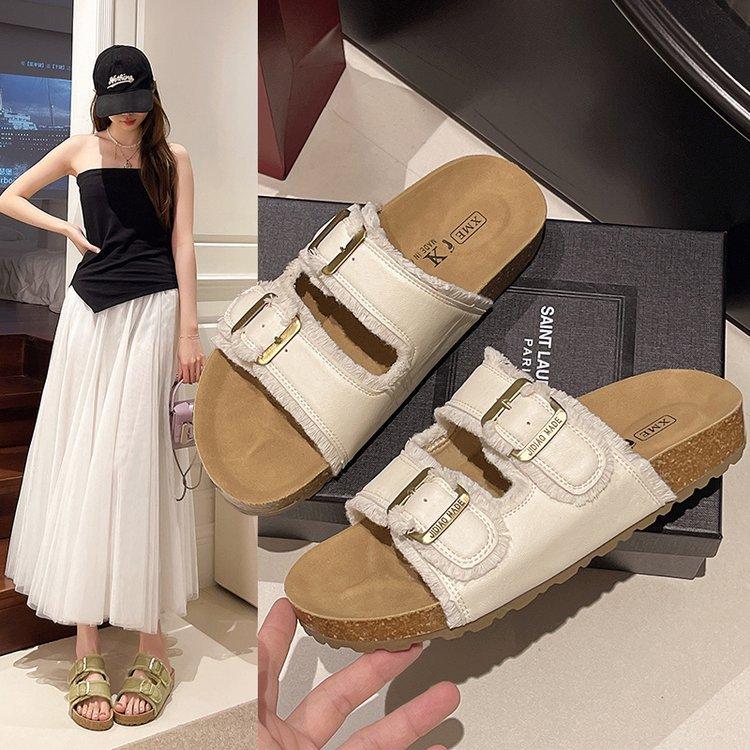 

French retro comfortable thick-bottomed Boken cool slippers women s summer wear fashion versatile holiday seaside slippers one-word drag 35