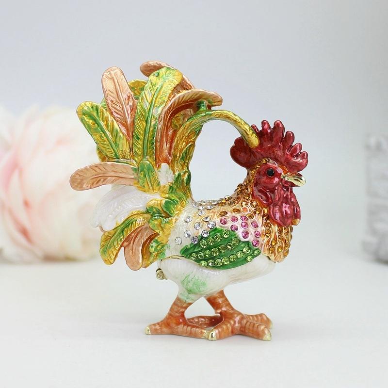 Metal Craft Enamel Jewelry Box, Handmade Crafts, Home Decor, Golden Rooster Trinket Box Gift for Friend Ornament for Counter