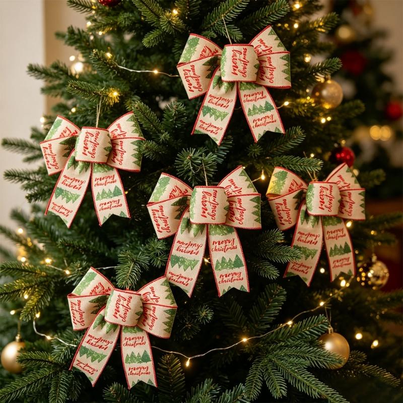 Double Layer Christmas Ribbon Accent Set of 2, Fabric Hanging Pieces for Tree Entry Wall Wreath and Gift Finish