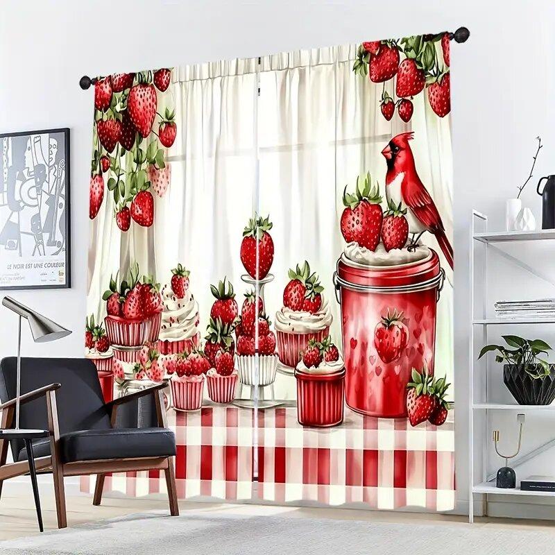 Strawberry and Dessert Pattern Printed Curtains, Pole Bag Bedroom Living Room, Home Decoration, Room Decoration