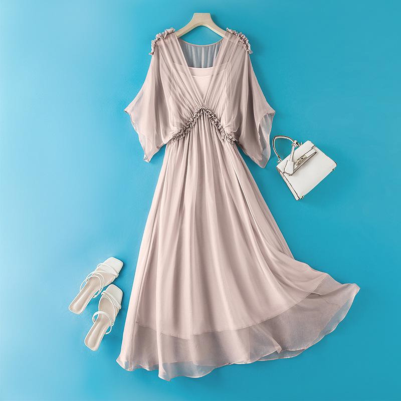 Women's Summer Long Silk Dress with Ruffle Edge - Simple, Solid Color