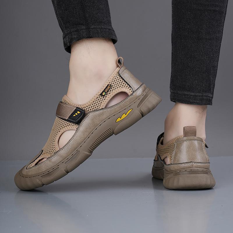 Fashion Breathable Mesh Footwear Outdoor Leisure Hollow Out Sandals Hand-stitching Men's Beach Flats Summer New Fashion Male Sandals