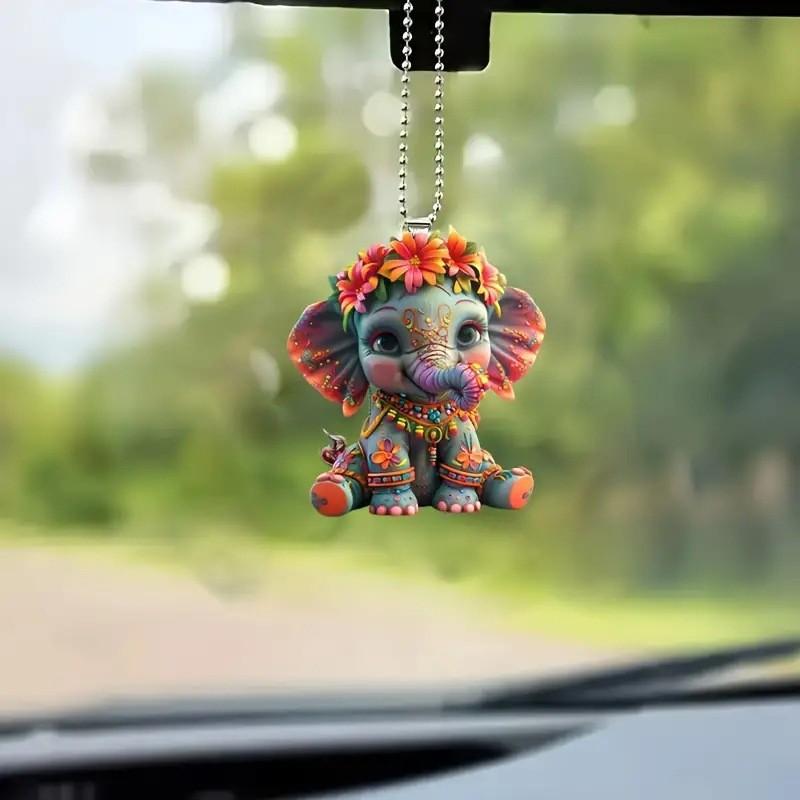 Flower Cute Cartoon Elephant Pattern Acrylic Pendant For Car Decor Accessories
