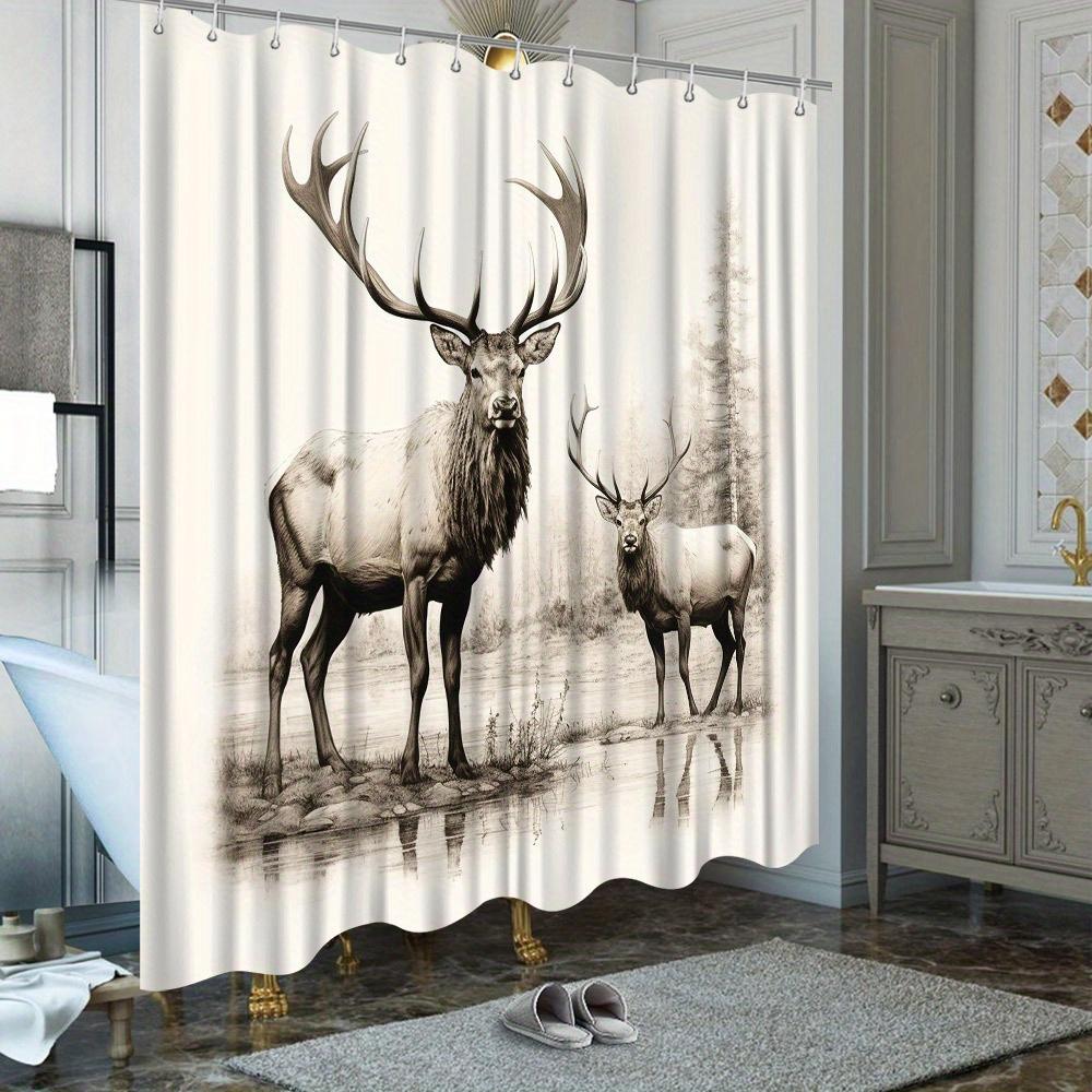 Majestic Elk Forest Shower Curtain - Tranquil Wildlife Design, Male & Female Elk By Misty Pond, Durable Polyester, Bath Decor