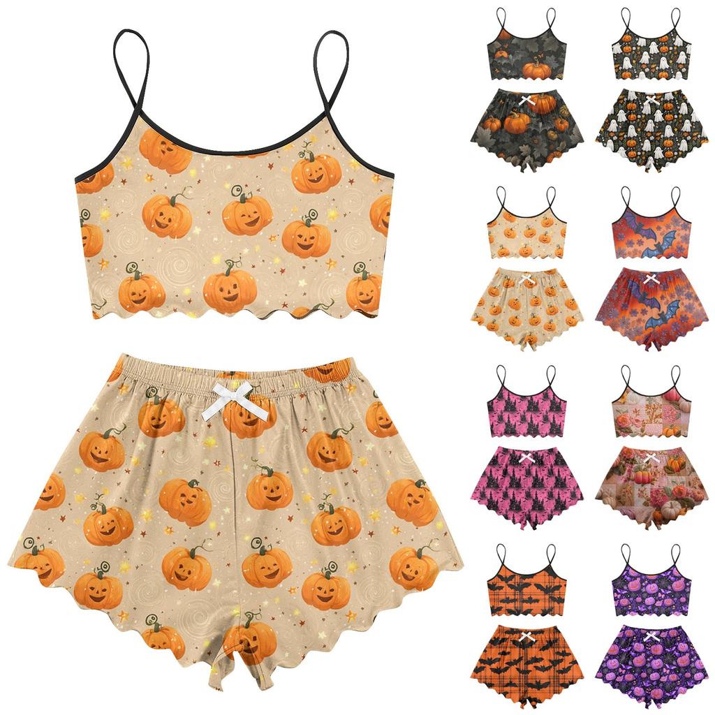 Women's Halloween Set With Retro Floral Print Suspender Sleeveless Vest Shorts Pajama Set