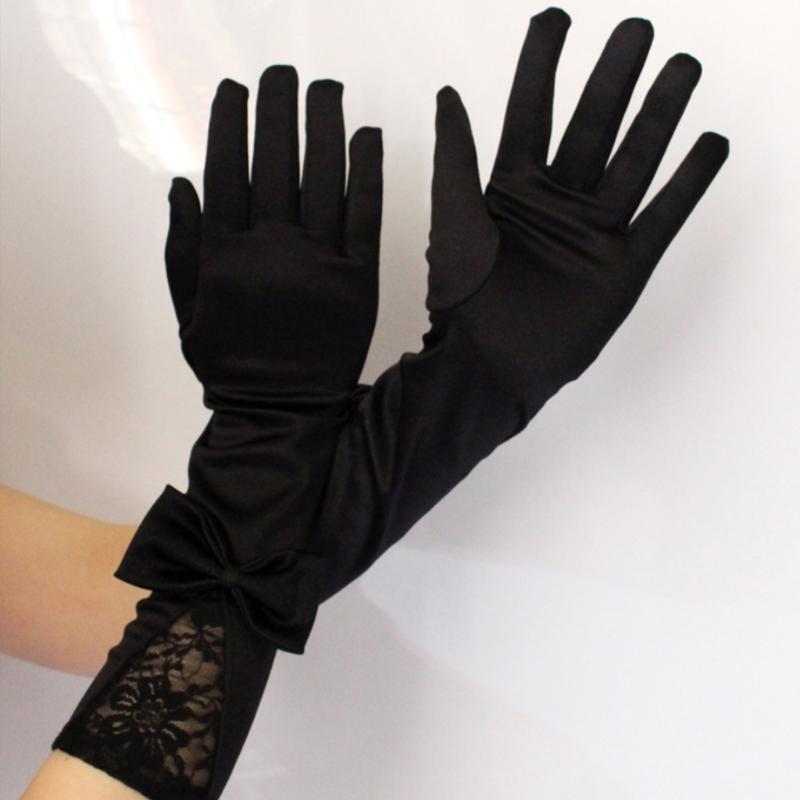 Damen Mädchen Lange Satin Schwarze Handschuhe Elegant Schleife Einfarbig Spitze Besatz Vollfinger Fäustlinge für Hochzeit Oper Party