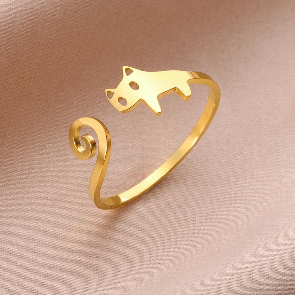 Cute Cat Open Ring for Women Stainless Steel Kitten Adjustable Rings Animal Jewelry Birthday Gift