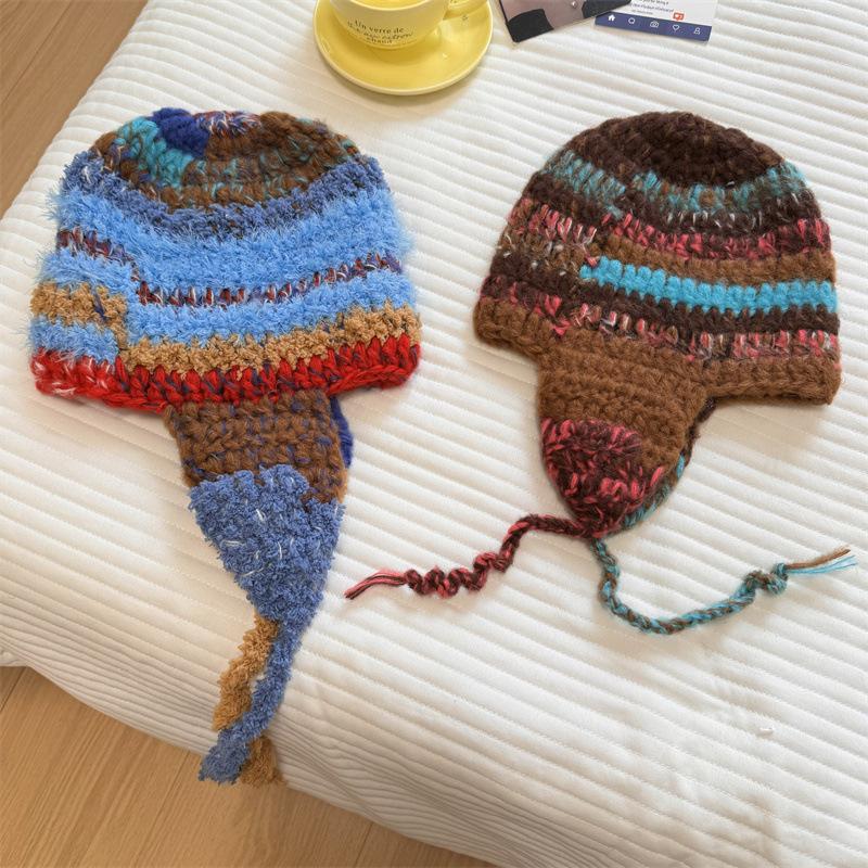 Hand-spliced color ear protection wool hat female cute rainbow knitted warm strap parent-child Lei Feng hat