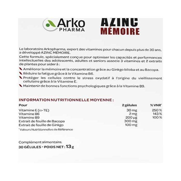 Arkopharma Azinc Mémoire 30 Gélules