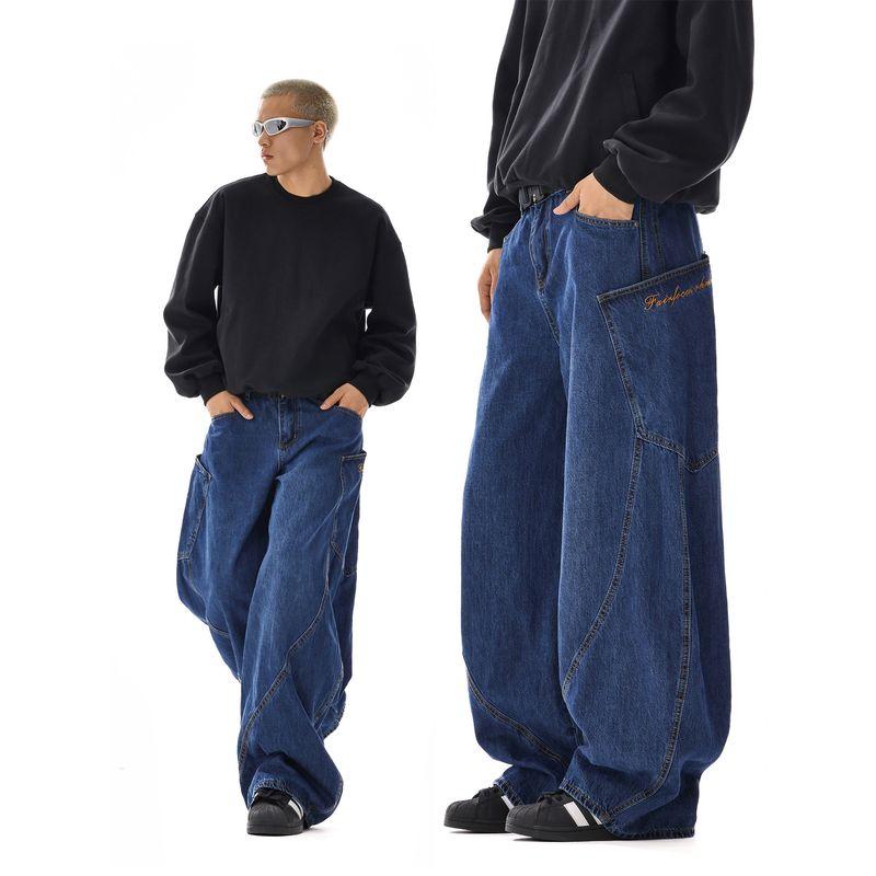 American Retro Stylish Machete Baggy Cargo Jeans Men and Women Loose Hip Hop Wide Leg Embroider Mop Pants