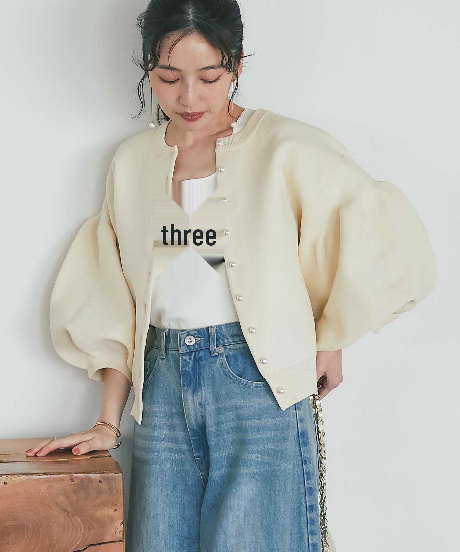 

Reversible Women s Fashionable Lantern Sleeve Knit Sweater with Cardigan One Size абрикосовий