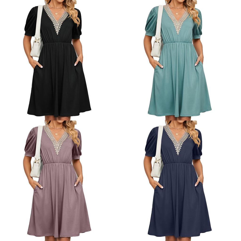 Städtisches Stilkleid mit Taschen und V-Ausschnitt für den Frühling, Freizeitkleidung