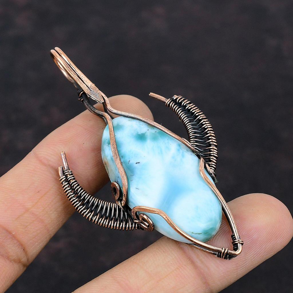 Larimar Pendant Copper Wire Wrapped Pendant Bull Face Shape Pendant Handmade Gemstone Pendant Copper Jewelry Wire Wrap Jewelry Gift For Her
