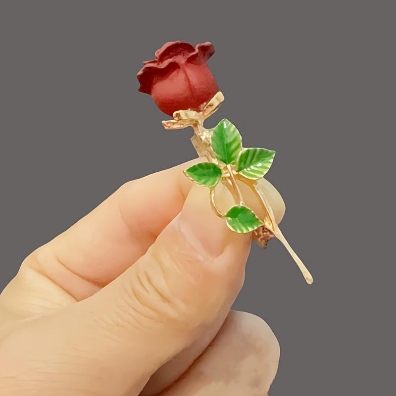 [Red Rose Brooch] Elegant Red Rose Alloy Brooch with Green Leaves | Chic Collar Pin for Dresses, Sweaters & Coats | Perfect Gift for Birthdays, Mother