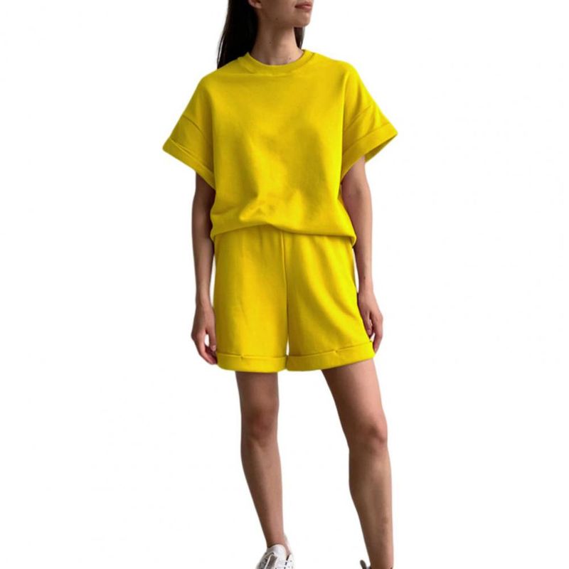

Однотонный комплект спортивной повседневной одежды с круглым вырезом для женщин Yellow XL