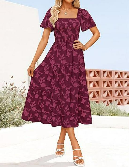 Bohemian Floral Square Neck Midi Dress - Women's Short-Sleeve Fashion