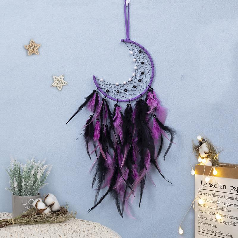 

Bohemian Purple Moon Hand-woven Dream Catcher Door Hanging Feather Wind Chimes Home Decorations Wall Pendants For Festival Gifts фіолетовий