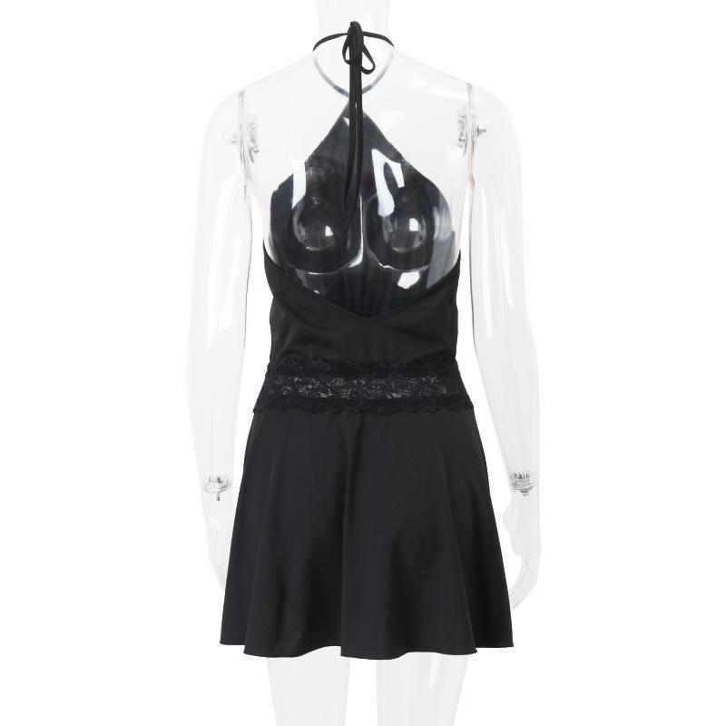 European and American summer women's sexy one shoulder backless solid color hanging neck dress