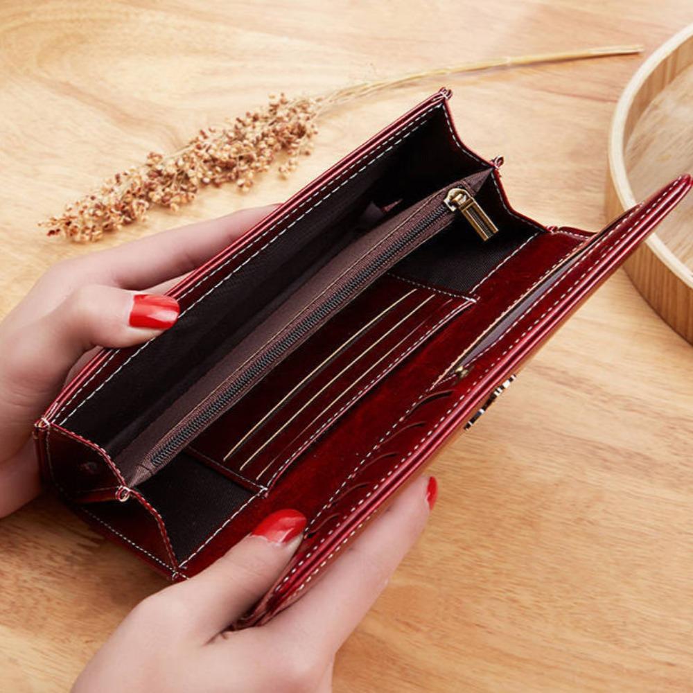 Vintage Fashion Oil Wax Leather Large Capacity Women's Long Wallets Clutch Multi-card Position Foldable Zipper Agraffe