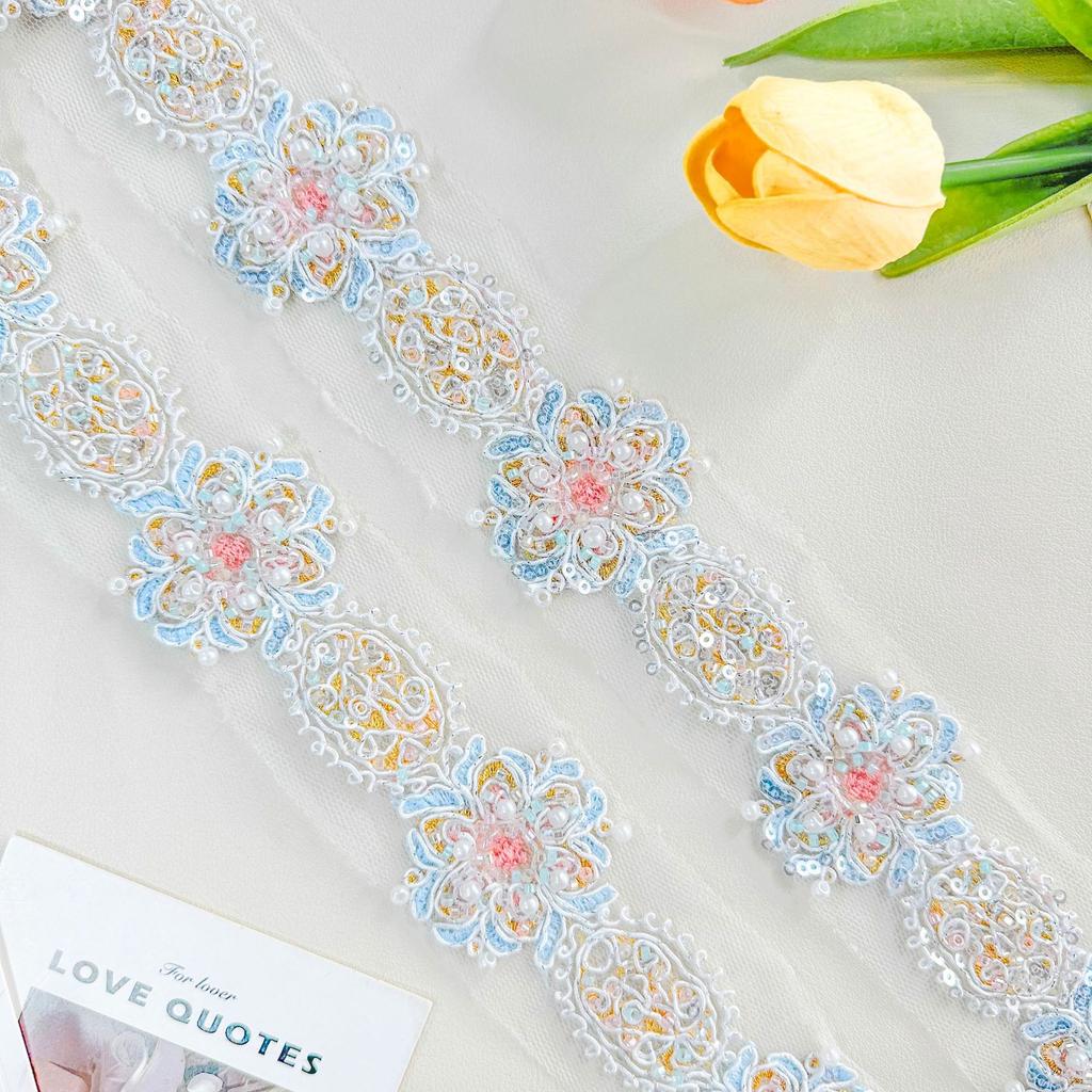 Mesh Hollow Blue Strand Beads Embroidery Barcode Clothing Dress Luggage Skirt Decorative Lace Accessories