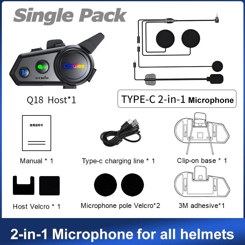 

Q18 Motorcycle Helmet Headset Bluetooth Intercom IPX6 Waterproof Support for 2 person 1000m Interphone Music Player & Sharing