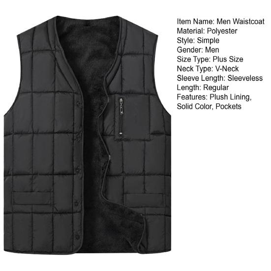 Men Waistcoat V-Neck Sleeveless Single Breasted Quilted Vest Coat with Zipper Pockets Solid Color Plush Lining Thickened Thermal Vest Jacket