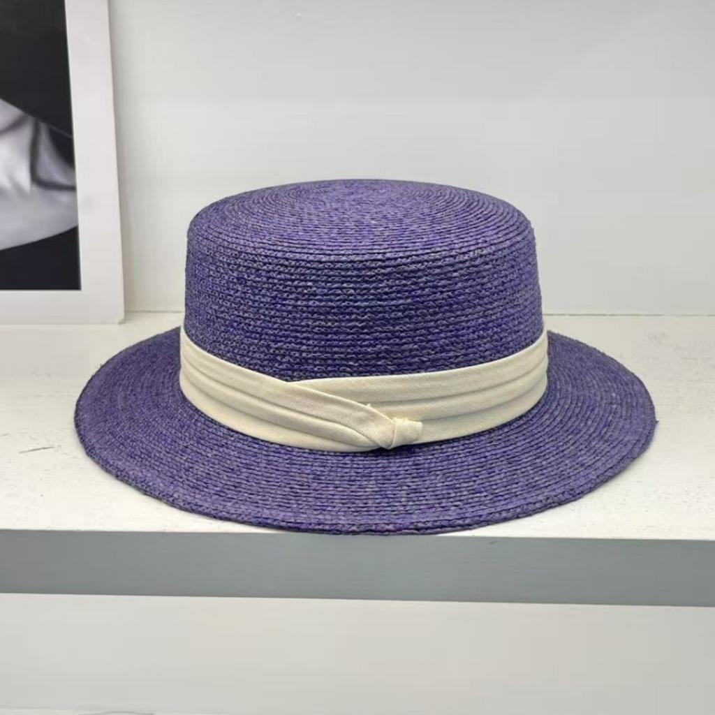 French Te Silk Lafie Grass Flat Top Straw Hat Women's Summer Hepburn Elegant Top Hat, Men's Sun Had Seaside Beach Hat