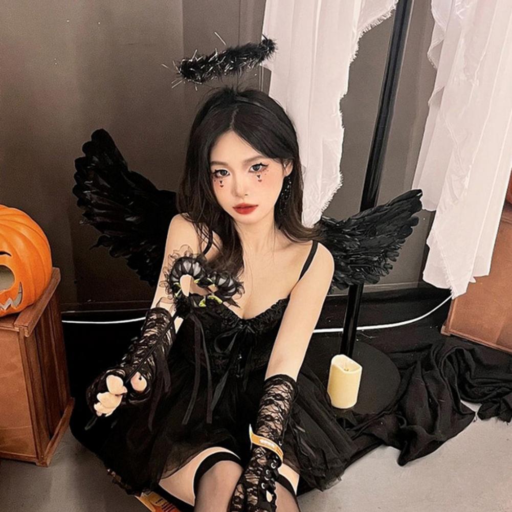 1 Set Cosplay Wings Set Feathered Angel Black Witch Wings Set With Headband Wand Halloween Role-playing Kids Angel Wings Outfit