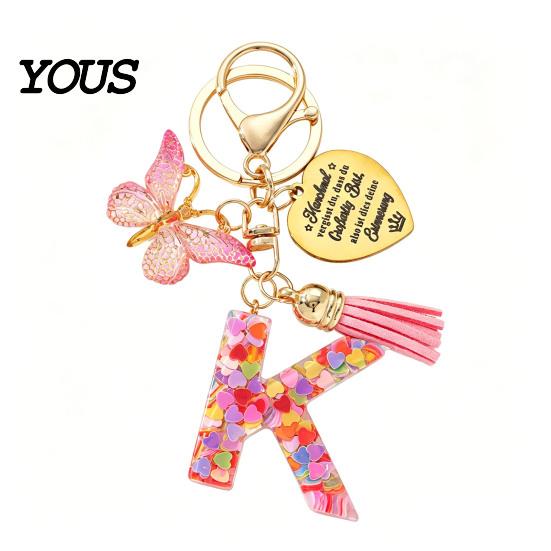 Keychain Pendant Pendant, Sequins Initial Letter Charm Key Chain with Butterfly Tassel Stainless Durable Steel Heart Design, A-Z Holder for Bag
