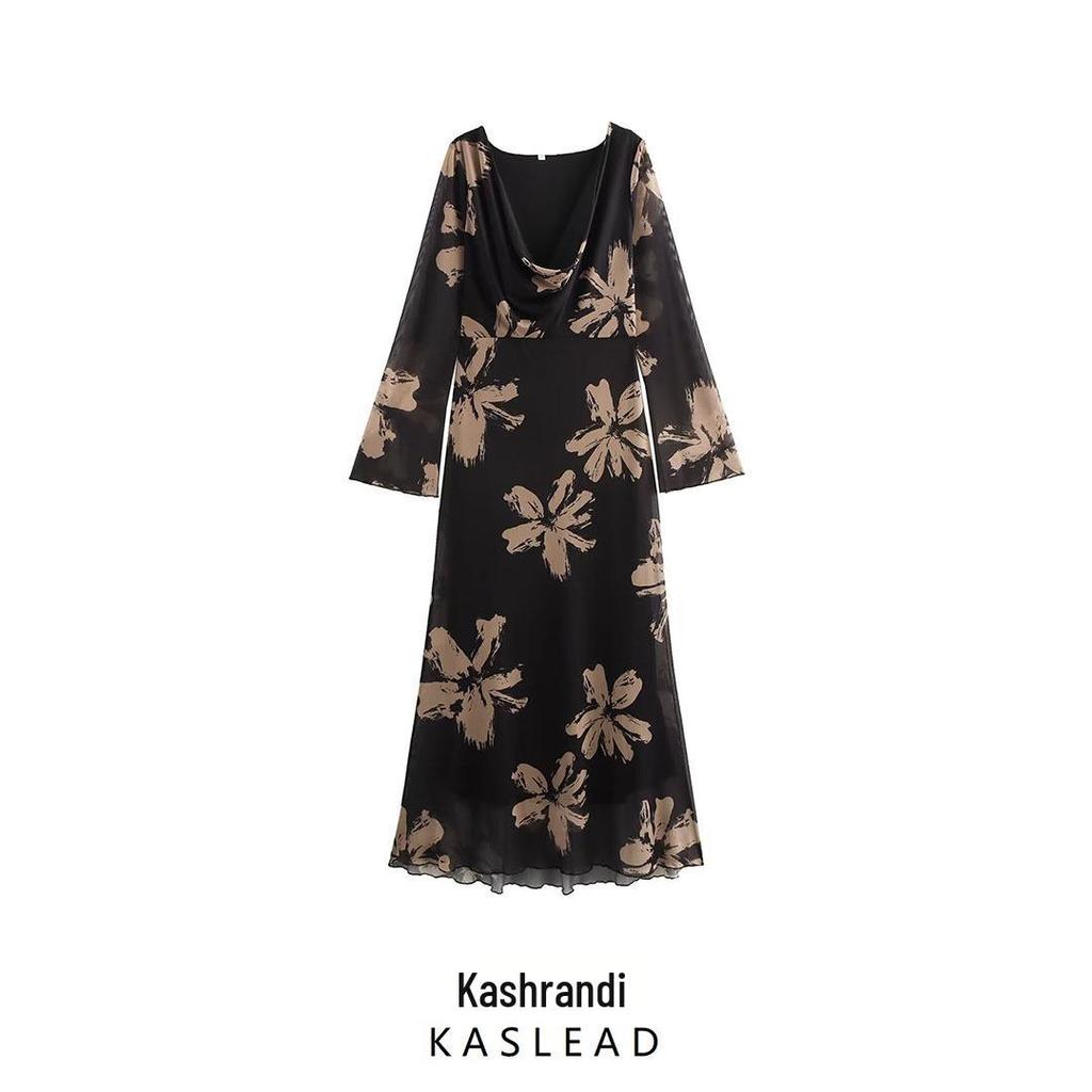 2024 Fall Women's European & American Style Cowl Neck Print Mesh Long Sleeve Dress