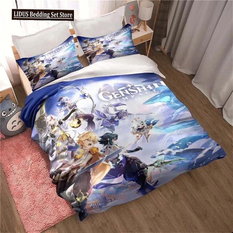 Genshin Impact Gioco Anime Copripiumino 3 Pezzi Copripiumino Letto Copripiumino Letto Matrimoniale King Biancheria per la Casa Ragazzi Adulti