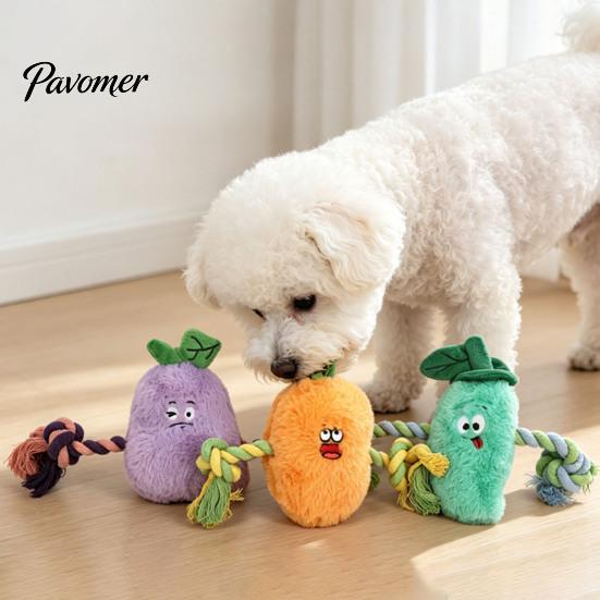 Aggressive Chewer Toy Stuffed Vegetable Dog Toy, Interactive Squeaky Chew Plush Carrot Eggplant Green Pepper with Rope Arm for Tug-of-war, Small