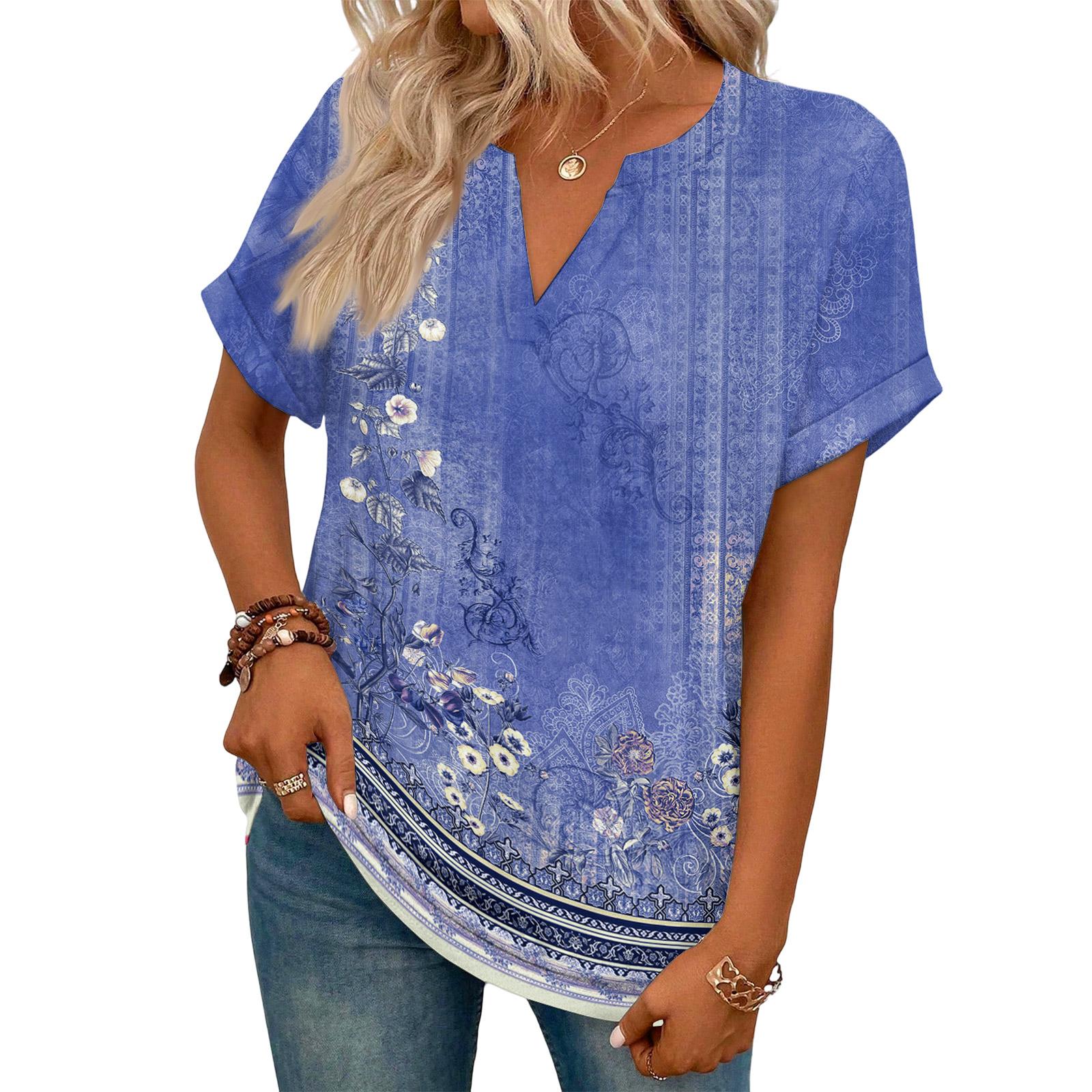 

Stylish Women s Casual V,neck Short,sleeved Retro Floral Print T,shirt M