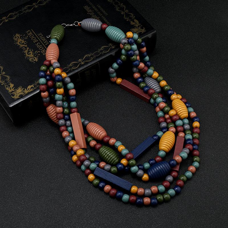 Vintage Morandi color wood bead necklace female personality exaggerated bohemian vacation stage accessories