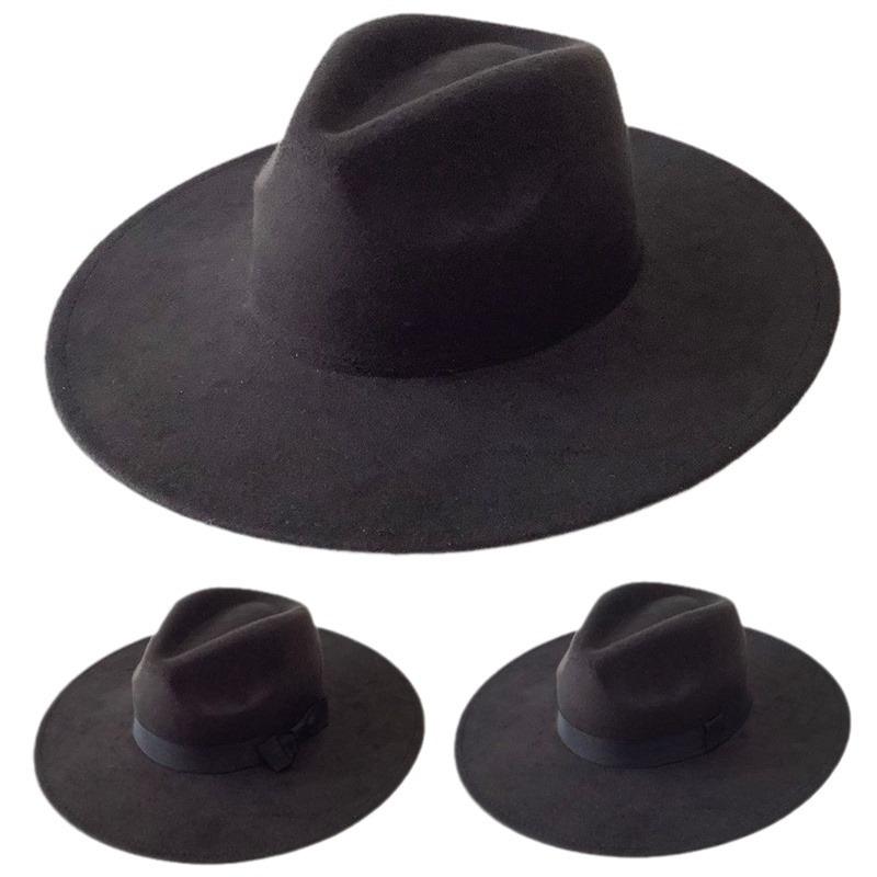 Black Jazz Hat Men's and Women's Fashion Webbing Bow Woolen Top Hat Autumn and Winter.cm Big Eaves Hat