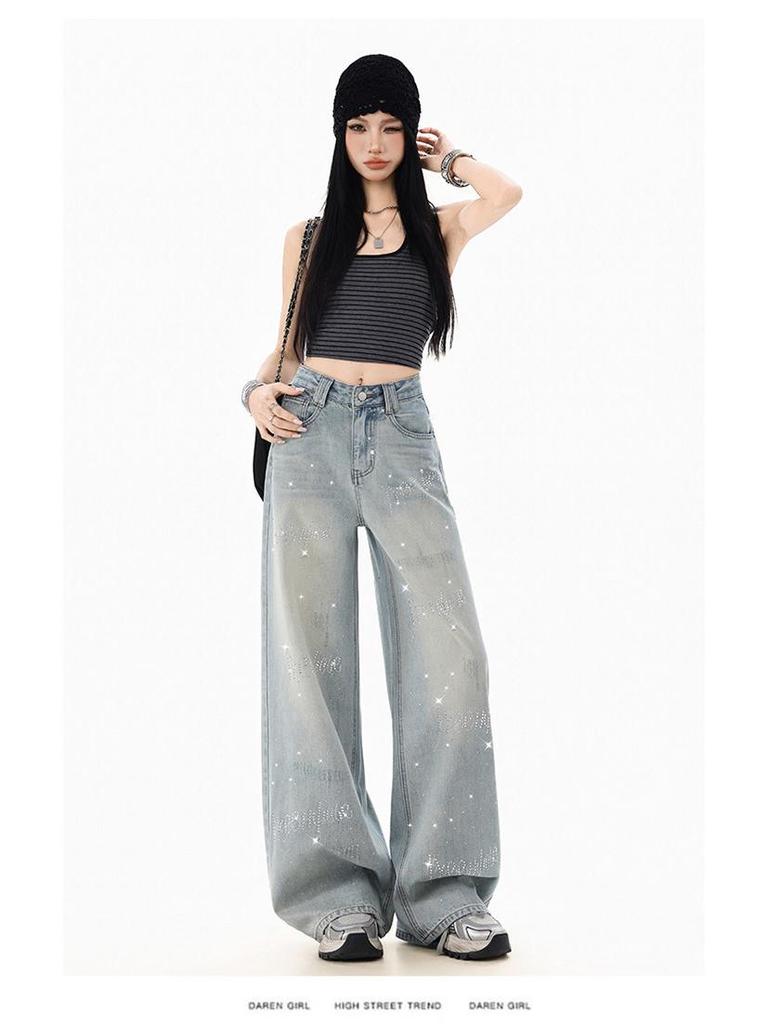 Women's Rhinestone Star Wide Leg Jeans - 2026 Spring/Autumn, Loose & Flattering Floor-Length Pants