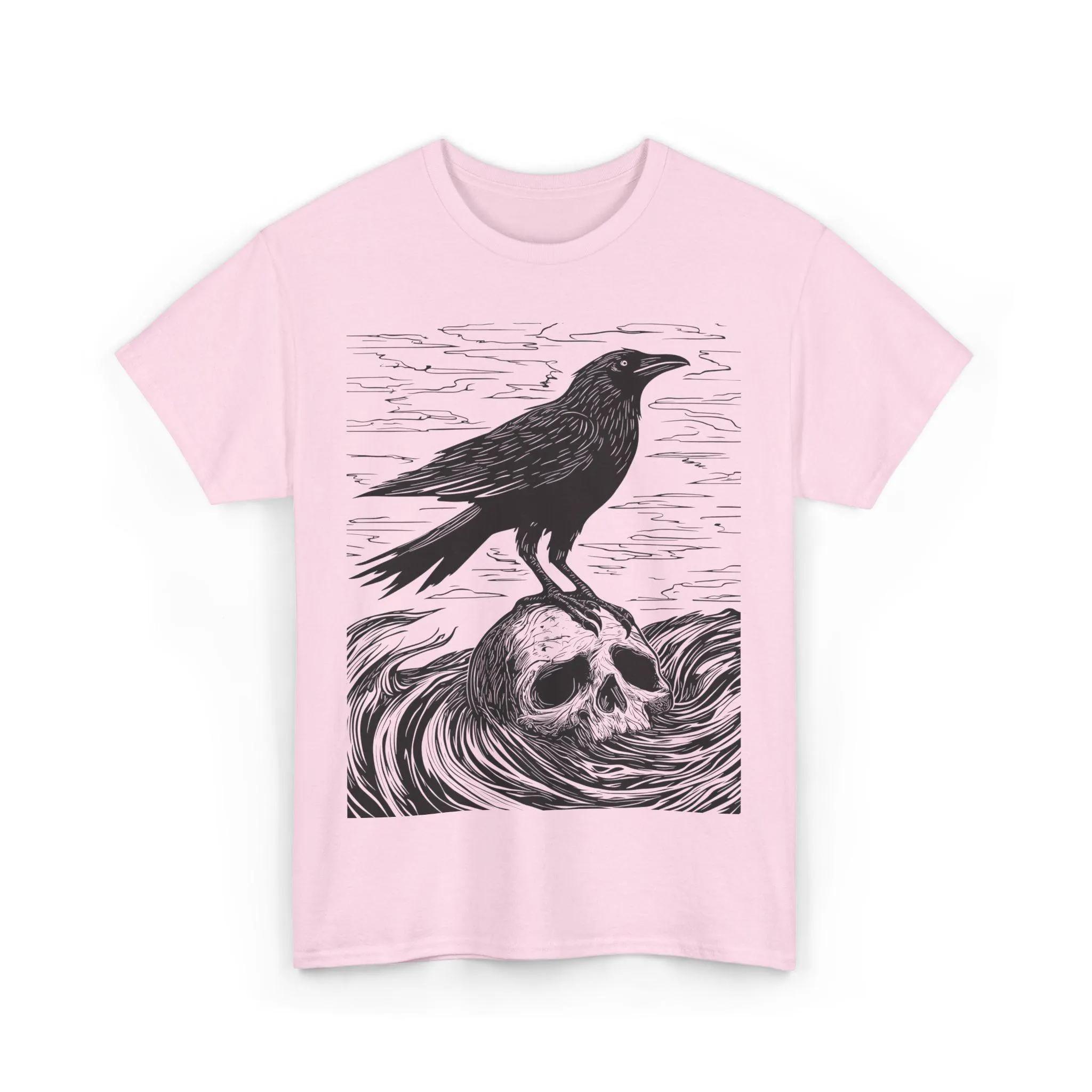 Gothic Raven and Skull T-Shirt Dark Academia Crow Art Tee Vintage Woodcut Illustration Literary Gothic Men Clothing Comfortable S