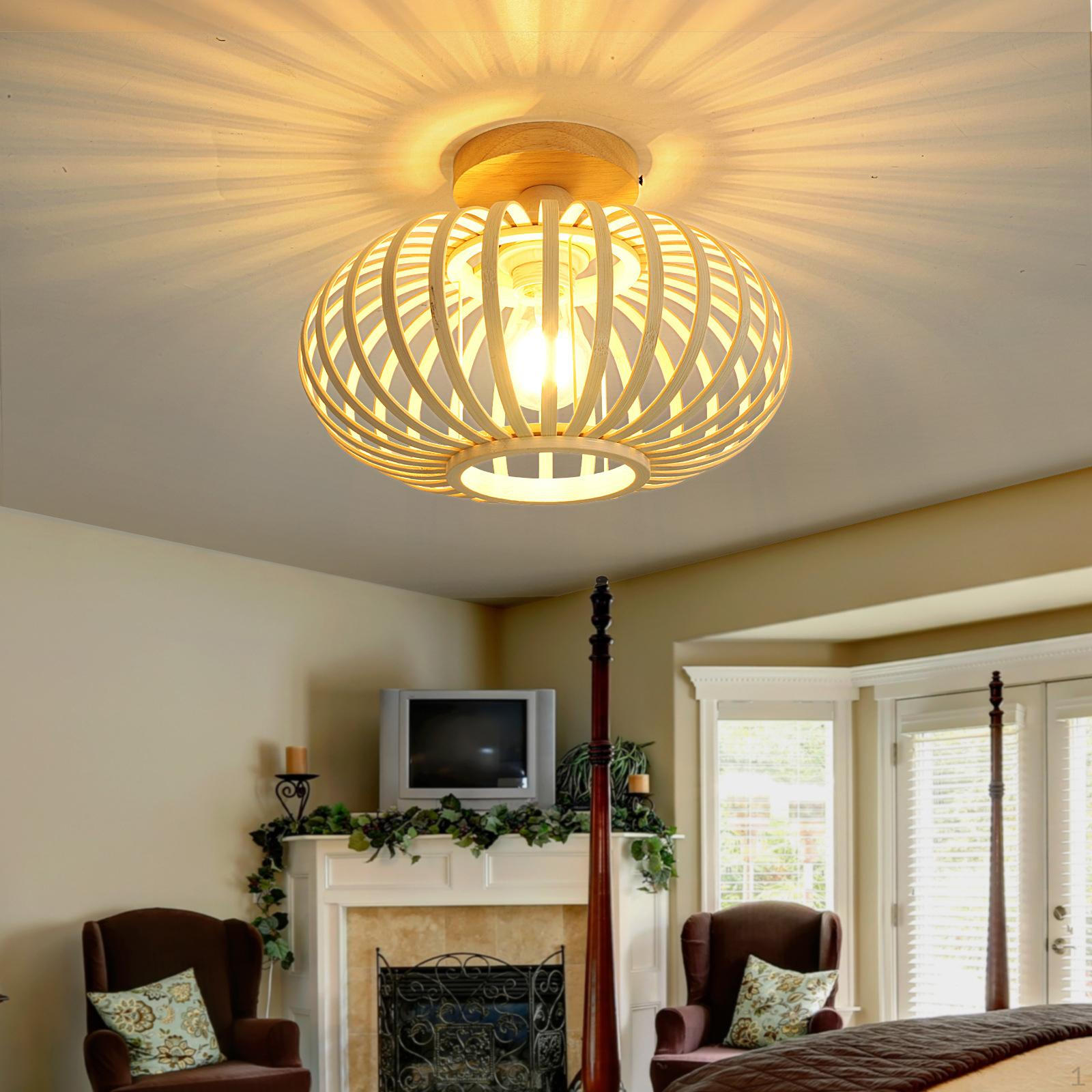 Light Fixture Ceiling Pendant Shade E27/E26 US Adapter Flush Mount Bamboo