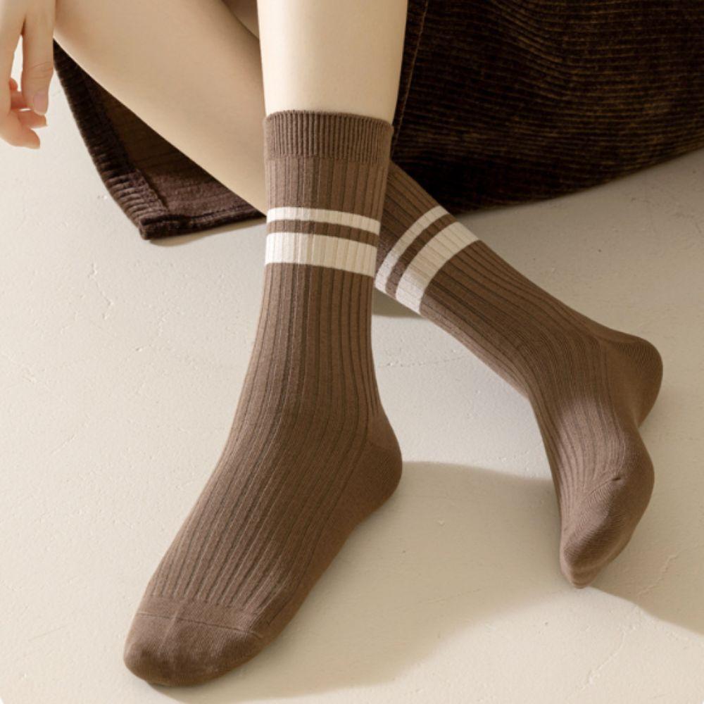 5Pairs Breathable Stripe Tube Socks Retro Mid-calf Socks Fashion Women's Cotton Socks Keeping Warm